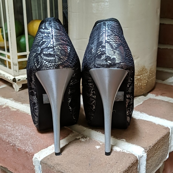 Silver and Black Lace Peep Toe Heels with Bow - Picture 3 of 4